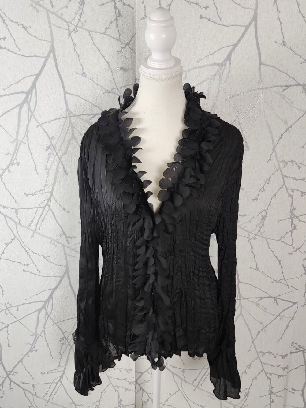 Bellessa Black Ruffle Crinkle Button Up Gothic Blouse